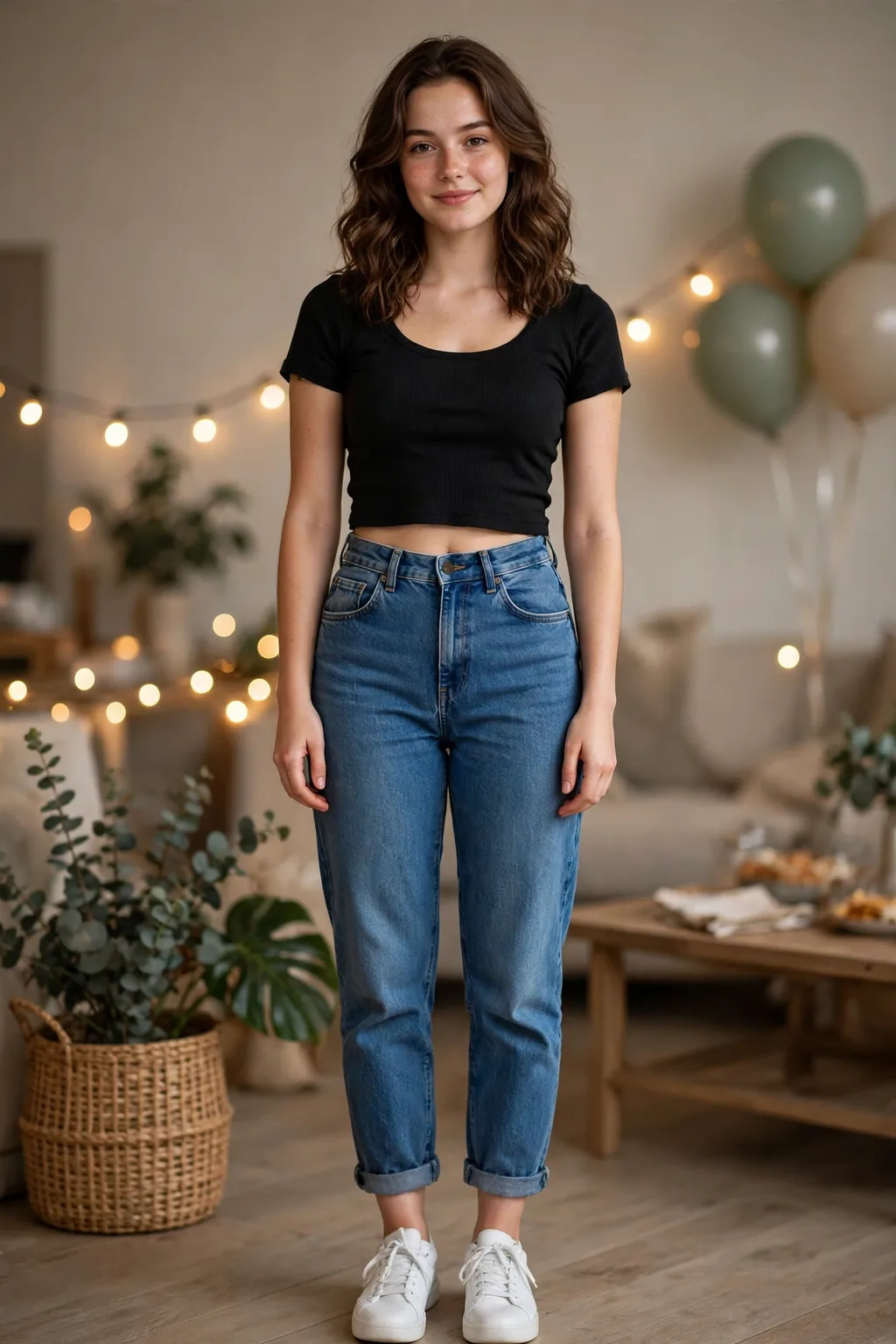 The Denim & Crop outfit formula flat lay with high-waisted jeans and crop top