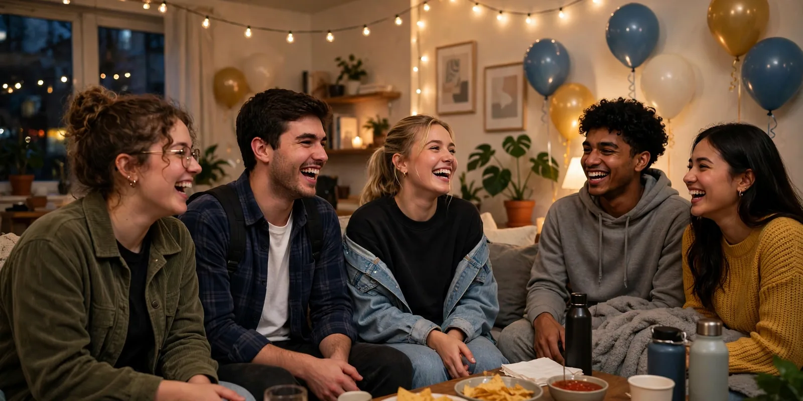 Group of college friends dancing at a themed house party with string lights and colorful decorations