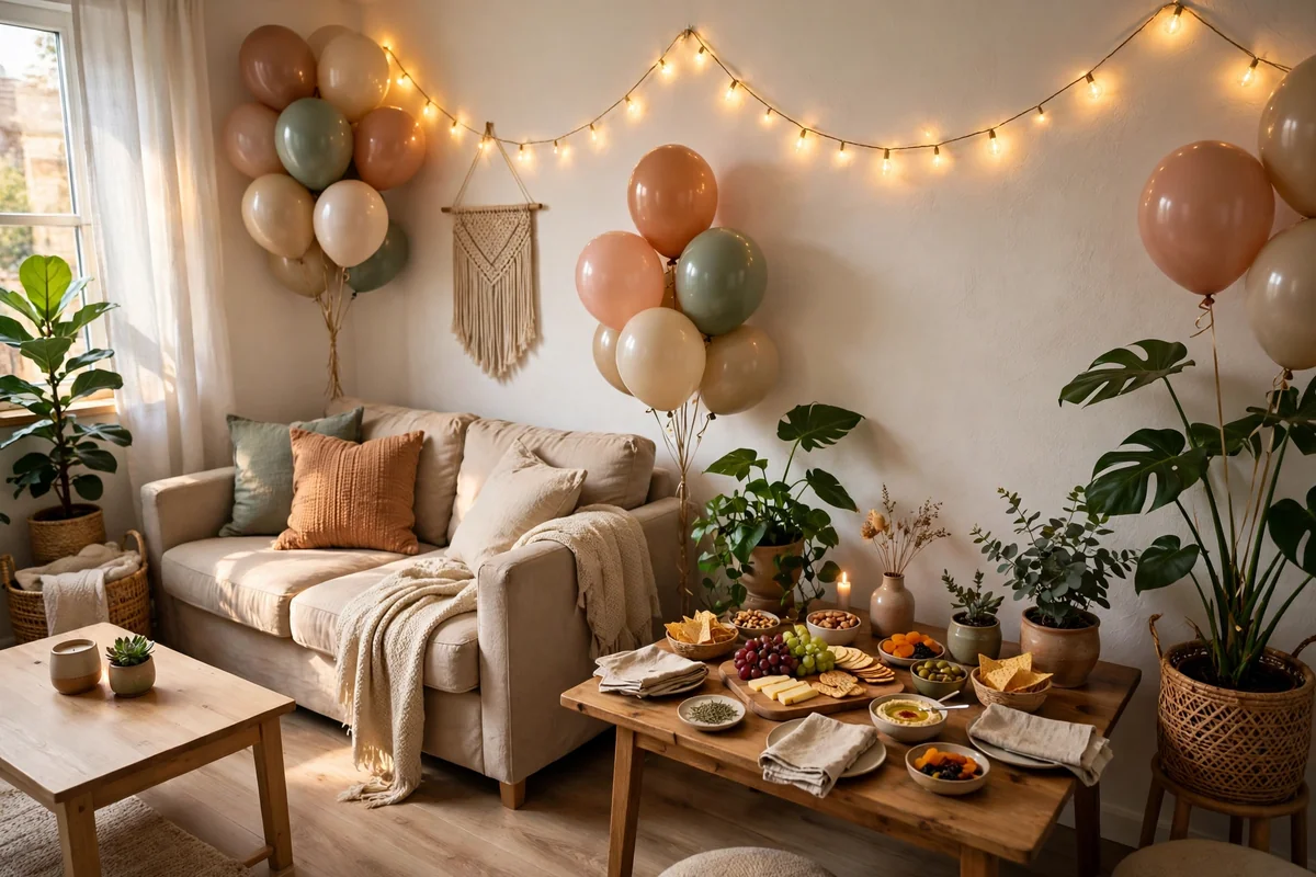 A small apartment corner decorated for a housewarming party with warm fairy lights, a welcome banner, and plants on shelves.