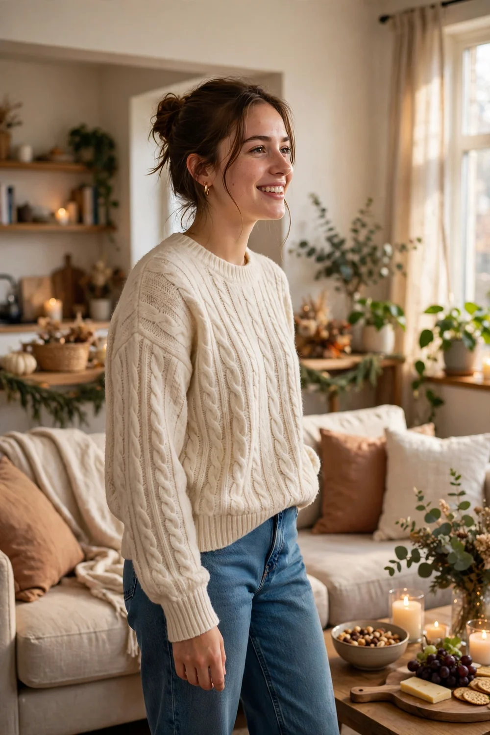 A woman in a cream knit sweater and jeans hosting a housewarming party in a small apartment living room.