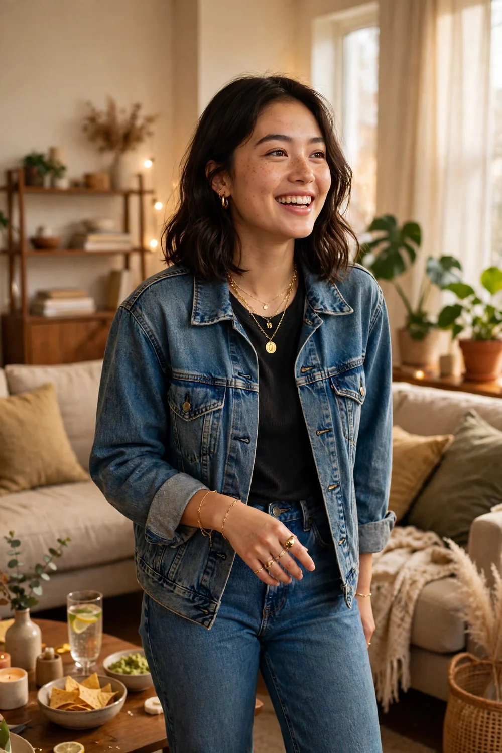 A woman in a denim jacket over a black top with blue jeans and gold jewellery at an apartment party.