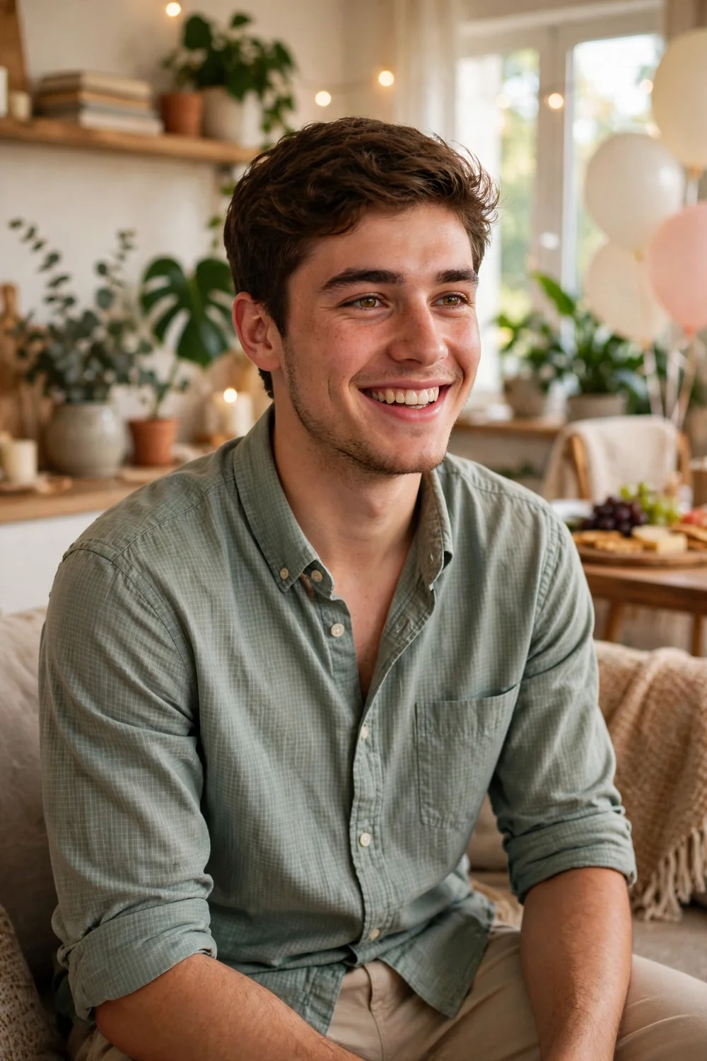 A man in a light sage button-down shirt and light trousers smiling at a housewarming party.