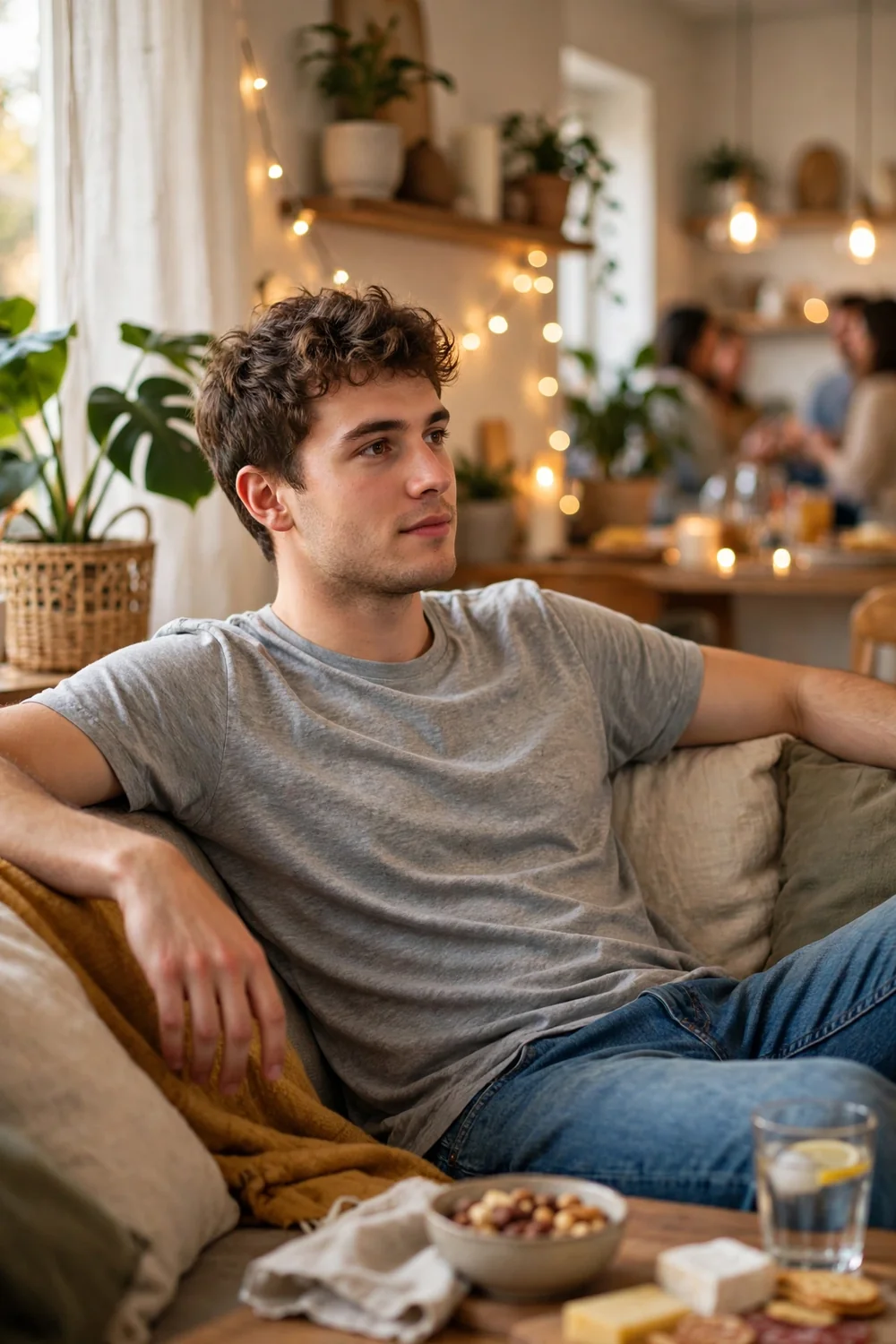 A man in a grey T-shirt and jeans lounging on a sofa at a casual apartment gathering.