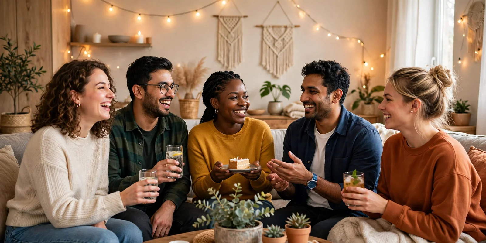 A cozy first apartment living room decorated for a housewarming party with fairy lights, a grazing snack table, and balloons by the window.