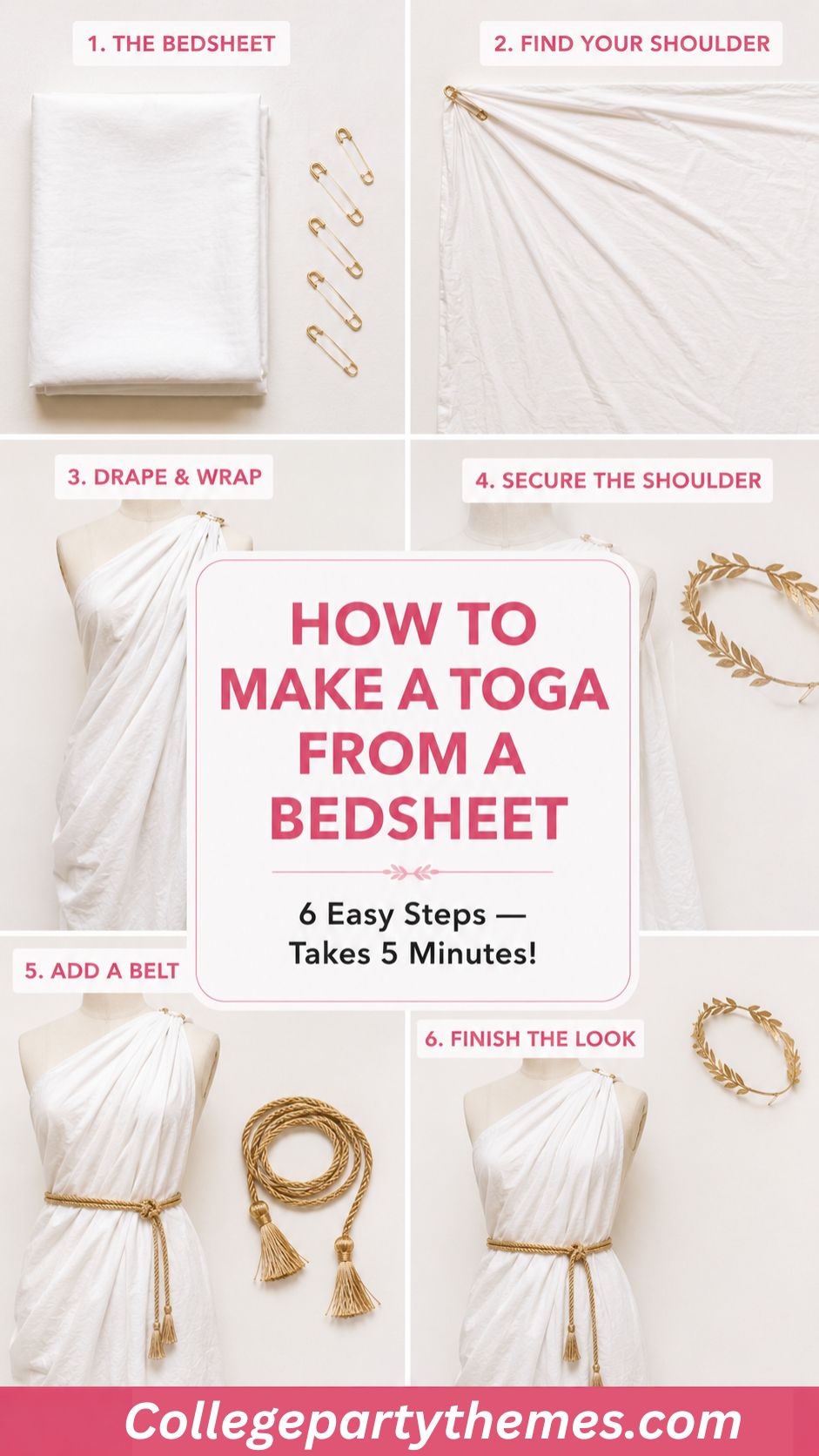  How to make a toga from a bedsheet step by step flat lay white sheet safety pins gold belt laurel crown