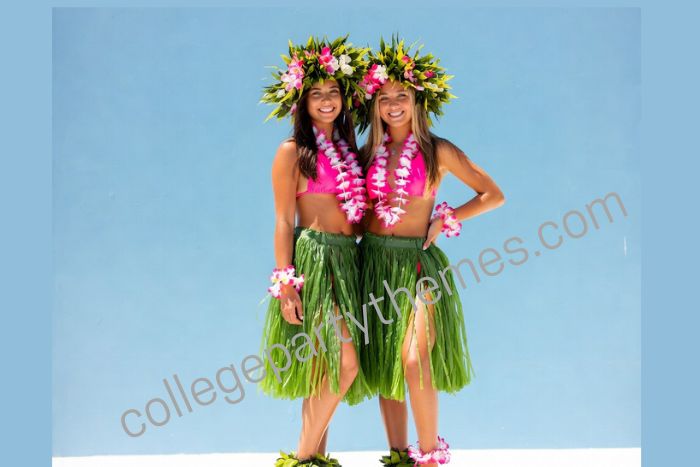 College girl wearing hula girl outfit grass skirt flower leis crown tropical bikini top luau party