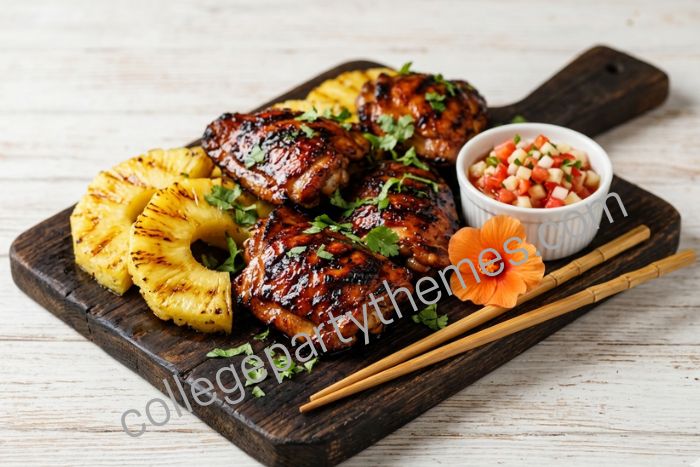 Huli Huli chicken recipe grilled caramelized sticky glaze pineapple slices Hawaiian luau party food
