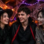 College friends in Halloween costumes at a spooky party
