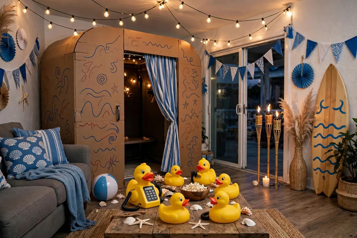 Living room decorated as a Seaside Heights boardwalk party with string lights, gold GTL wall letters and a cardboard tanning-bed photo booth