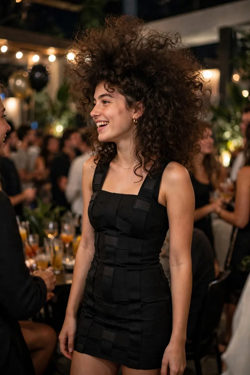 Girl in a black bandage mini dress with a big poof hairstyle at a party