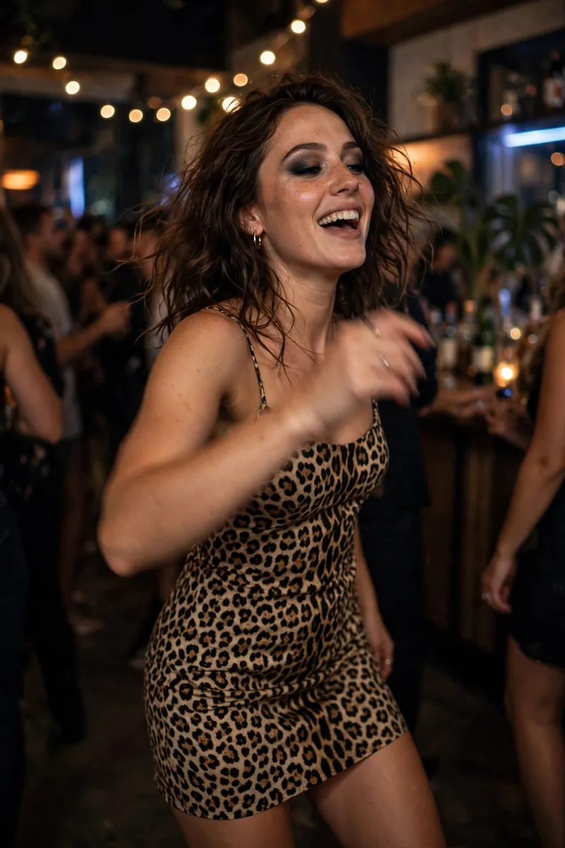 Girl in an animal-print mini dress with smoky eye makeup dancing at a party