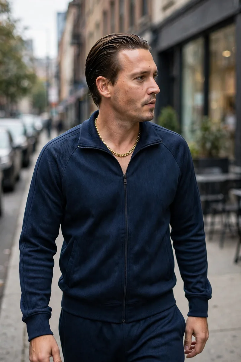 Guy in a matching tracksuit with a gold-tone chain and slicked-back hair
