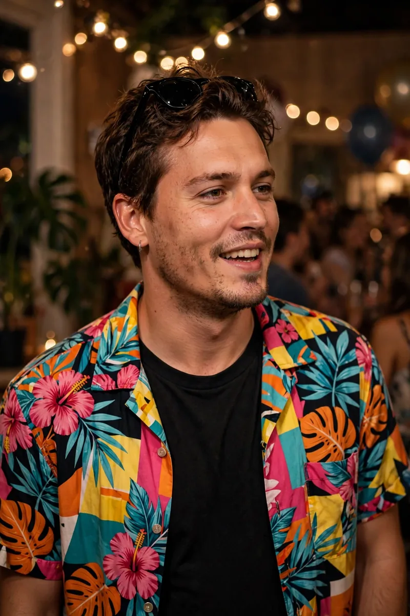 Guy in an unbuttoned loud-print shirt with backwards sunglasses at a party