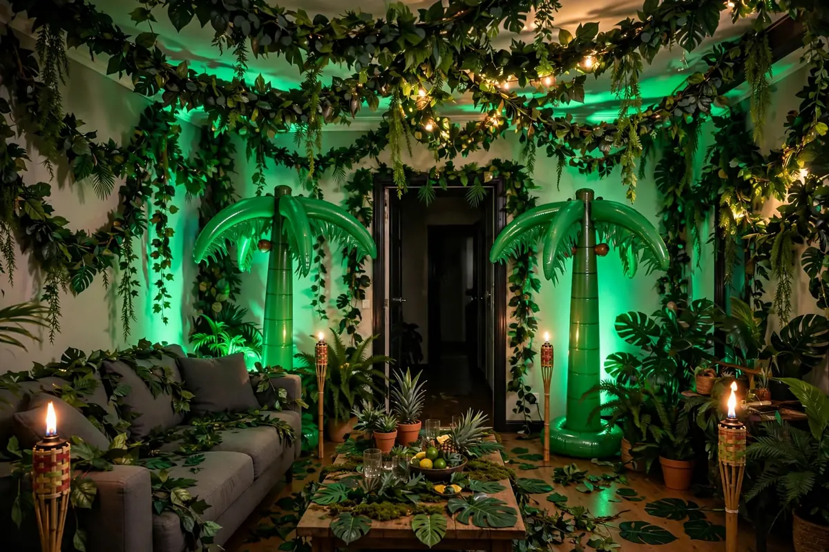 Living room transformed into a jungle with leaf garlands, inflatable palm trees, and green lighting