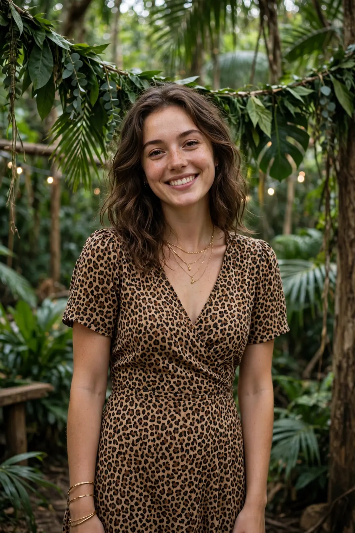 Young woman in a leopard-print dress with gold jewelry at a jungle party