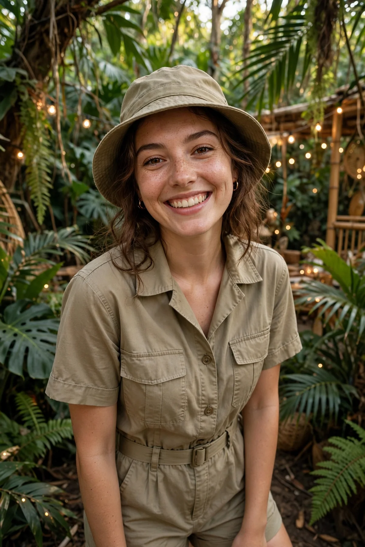 Young woman in a khaki safari romper and bucket hat at a jungle party