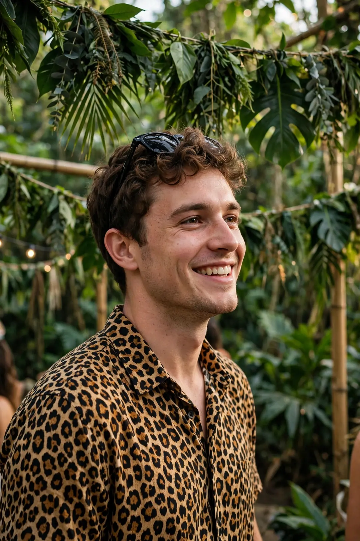 Young man in a leopard-print shirt with sunglasses at a jungle party