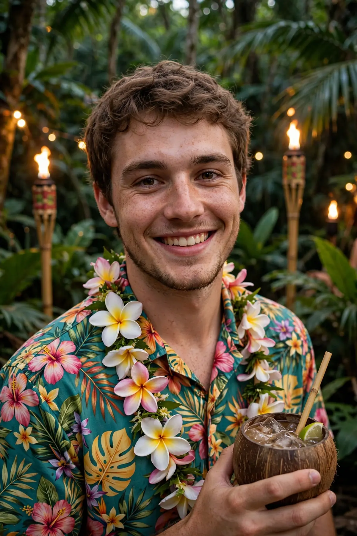 Young man in a Hawaiian shirt with a lei holding a coconut cup at a jungle party