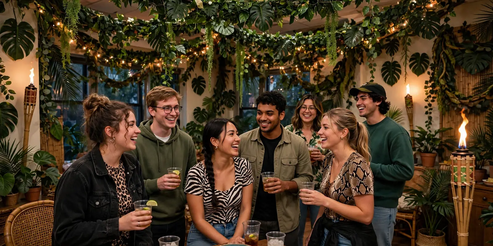 College party room decorated as a jungle with green leaf garlands, tiki torches, and guests in animal-print outfits