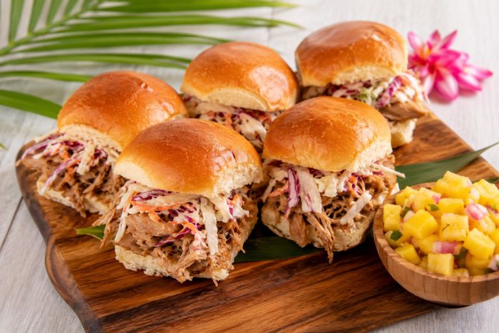  Kalua pork sliders Hawaiian rolls coleslaw pineapple salsa luau party food recipe