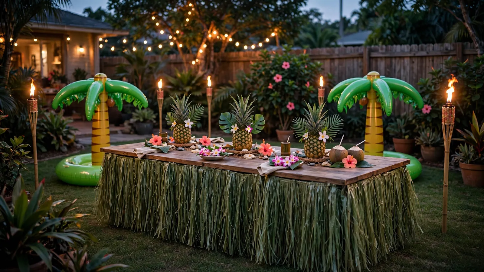 Backyard luau party with tiki torches and tropical decor