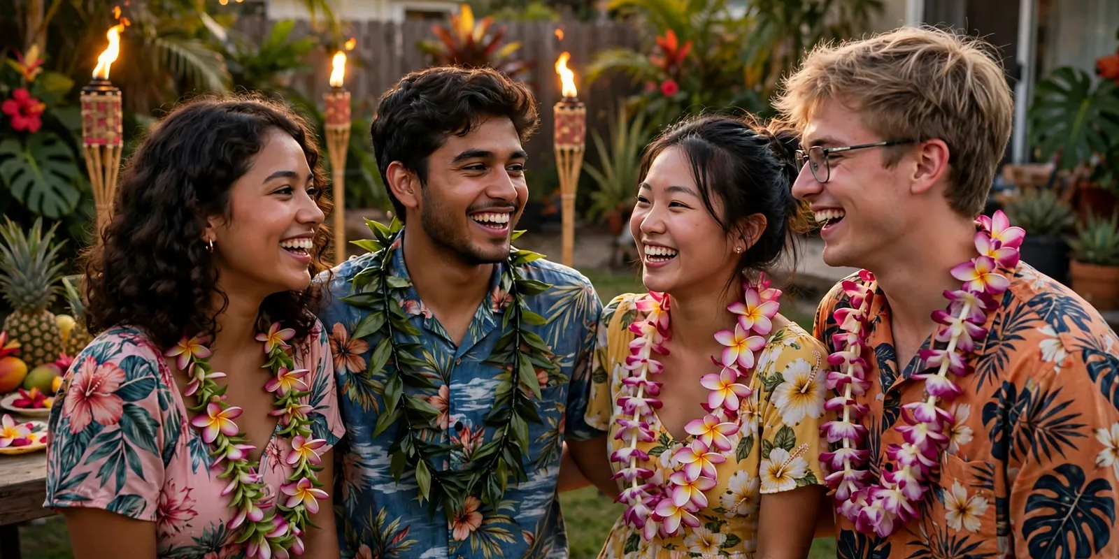 College friends at a luau party with tiki torches at sunset