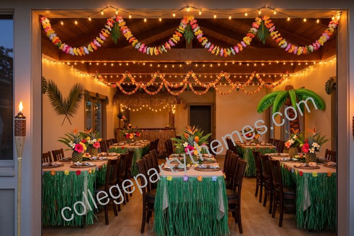 Luau party decoration ideas tiki torches flower garlands grass skirts pineapple centerpieces string lights