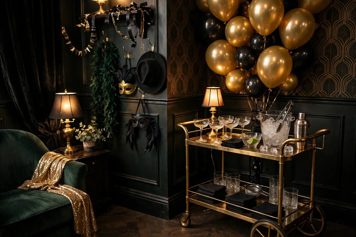 Speakeasy decor with dim lighting, gold accents, and a casino-style table at a mafia theme party