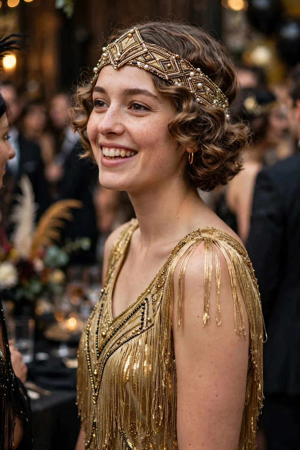 Girl wearing a flapper fringe dress with a feather headband at a mafia theme party