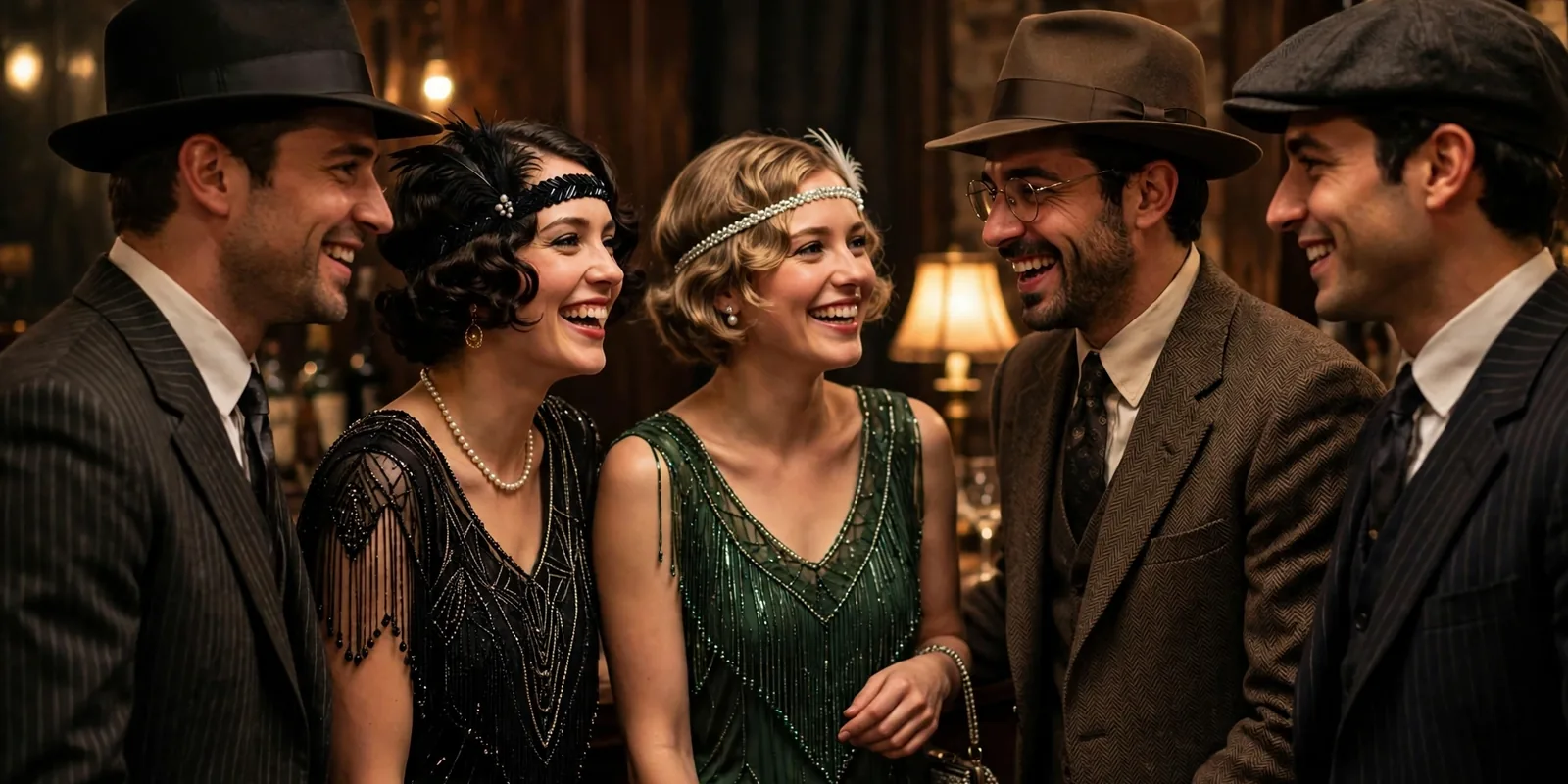 Group of friends in mafia party costumes at a speakeasy-style party with dim gold lighting