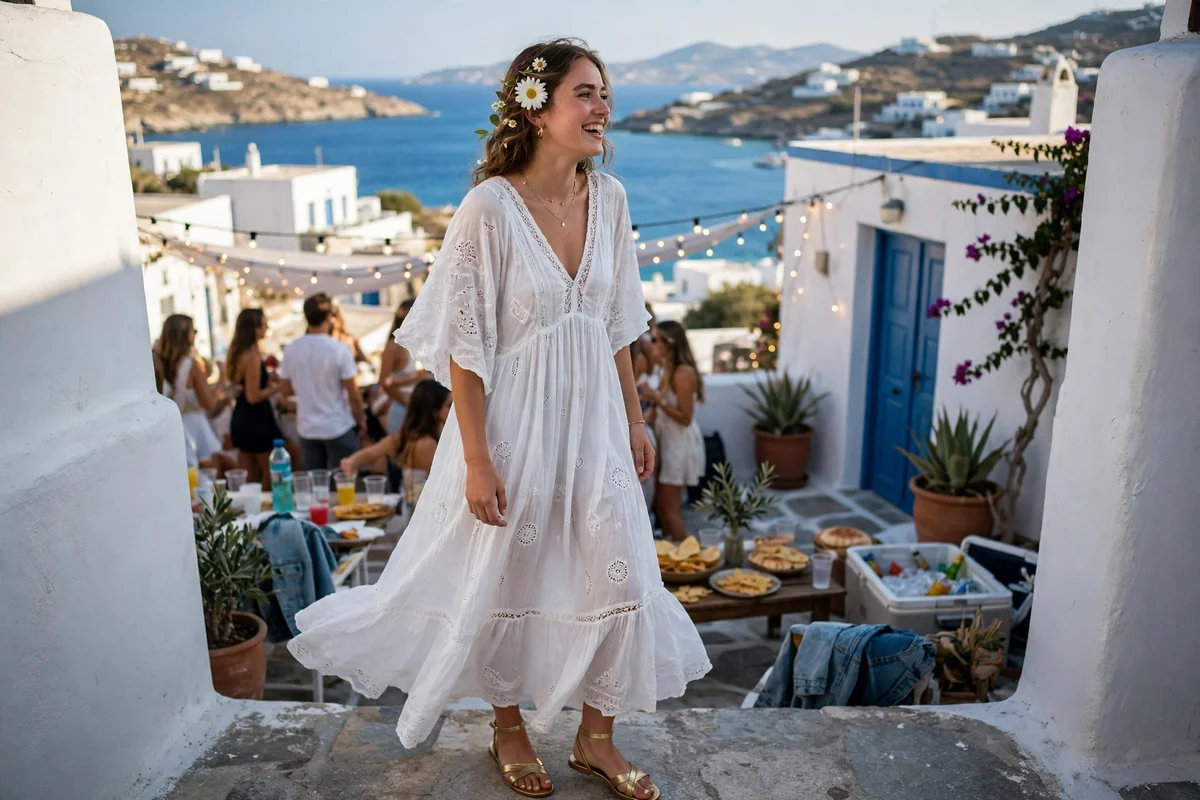 Flowy white maxi dress with woven sandals and a flower crown, Greek island boho outfit