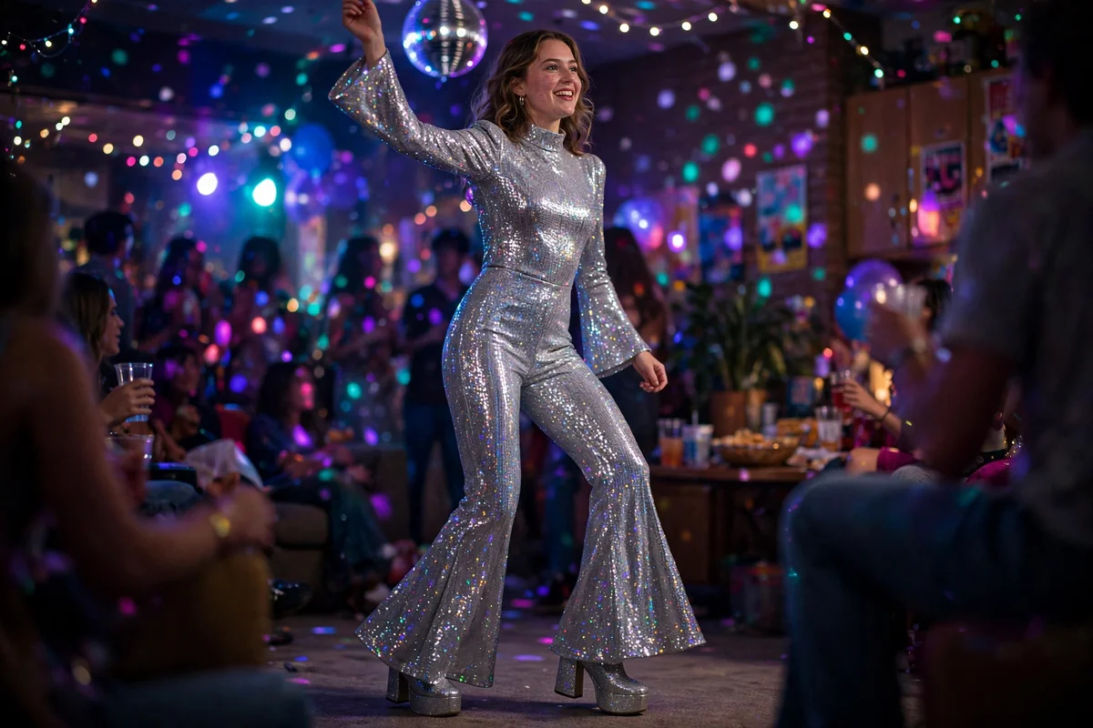 Metallic disco jumpsuit with platform sandals and big sunglasses, disco-inspired outfit