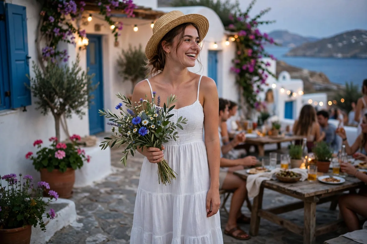Simple white sundress with white sandals and a single flower in the hair, bridal island outfit