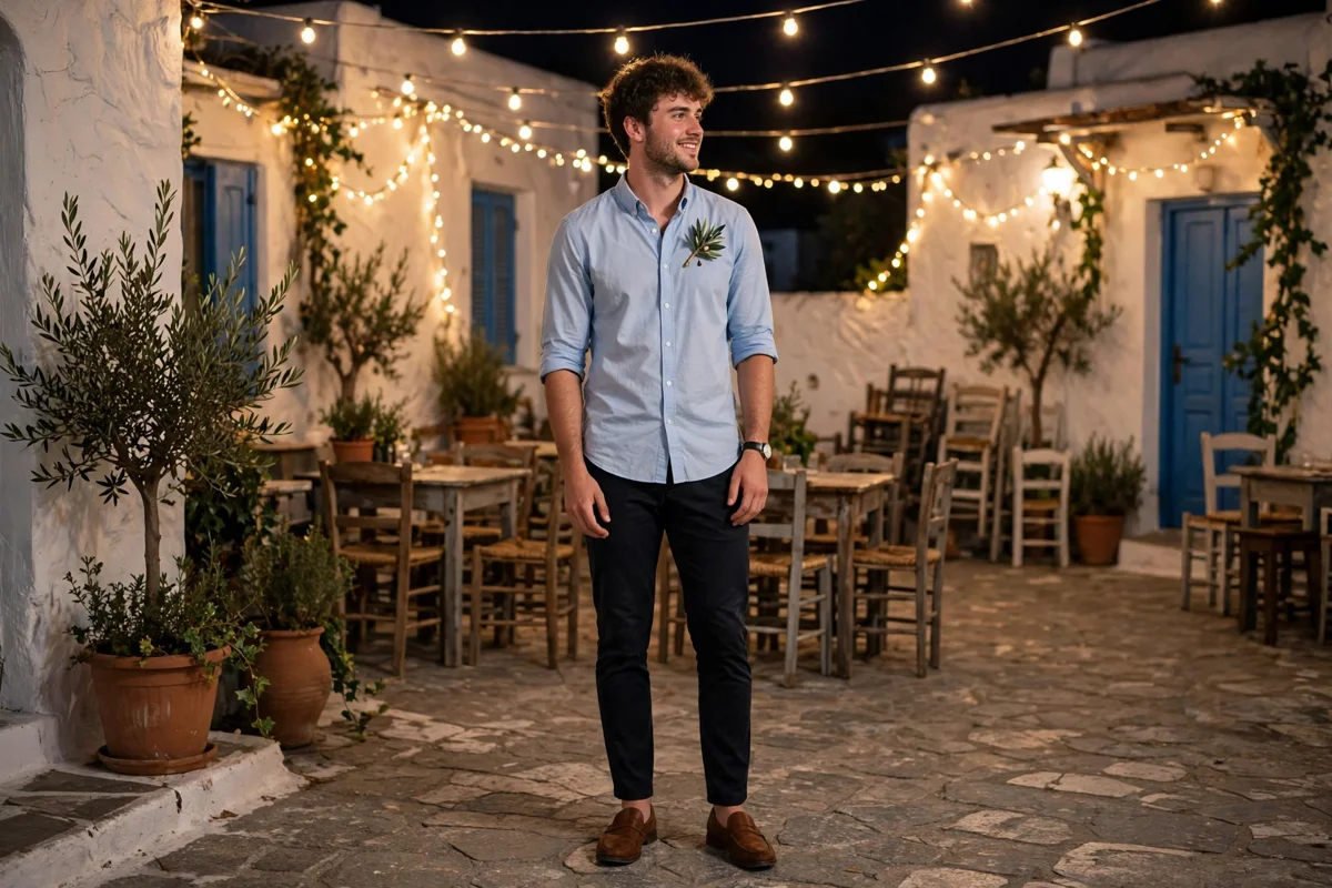 Light blue button-down shirt with dark trousers and leather loafers, taverna evening outfit