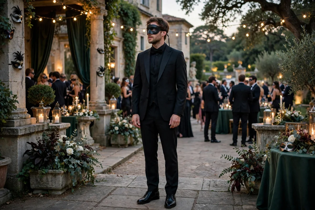 Man in a black tuxedo wearing a black and silver masquerade half-mask