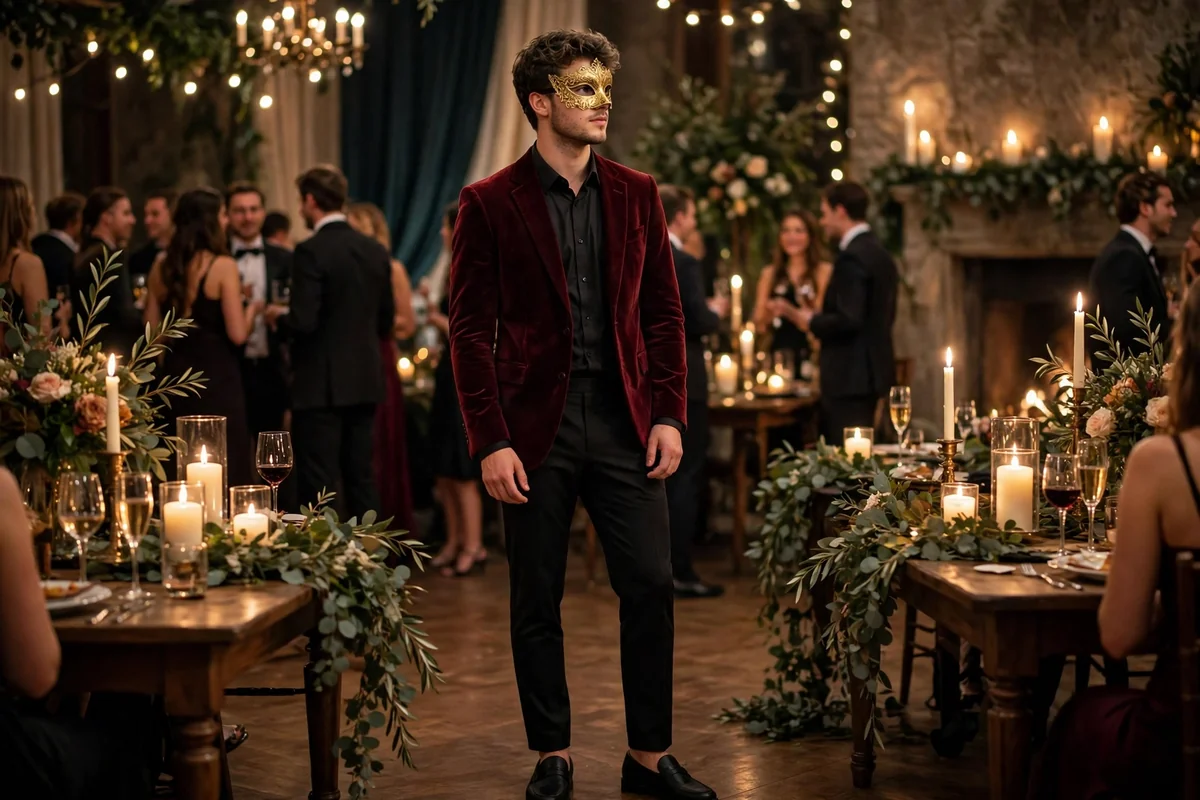 Man in a burgundy velvet blazer wearing a gold filigree masquerade mask