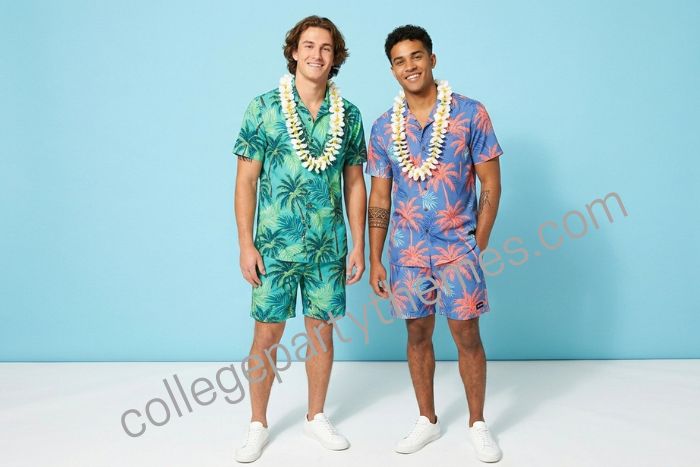 ollege guys wearing coordinated matching Hawaiian print shirt shorts set white sneakers flower lei luau party