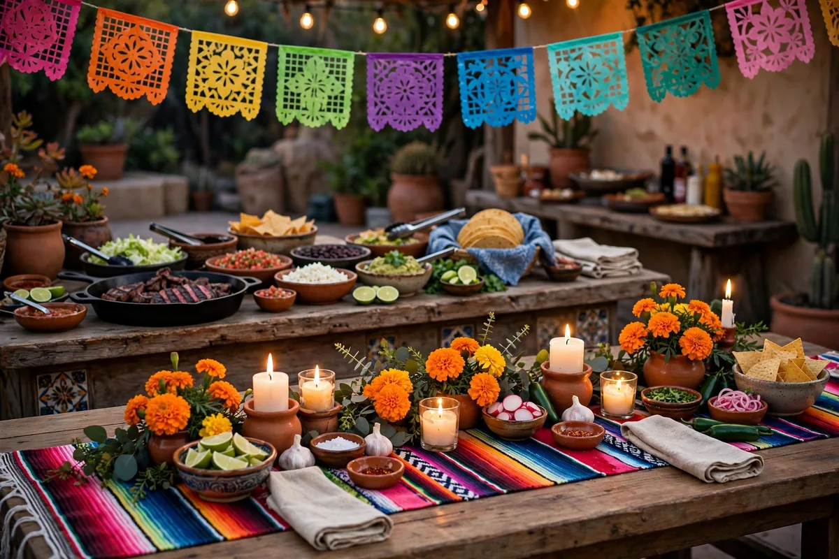 Fiesta party decor with papel picado banners, marigold garlands, serape table runners, and string lights