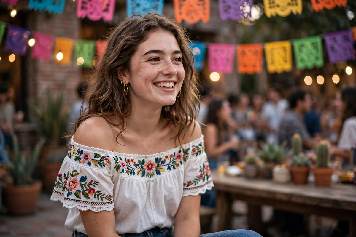 Young woman in a white embroidered off-shoulder blouse and denim shorts at a fiesta party
