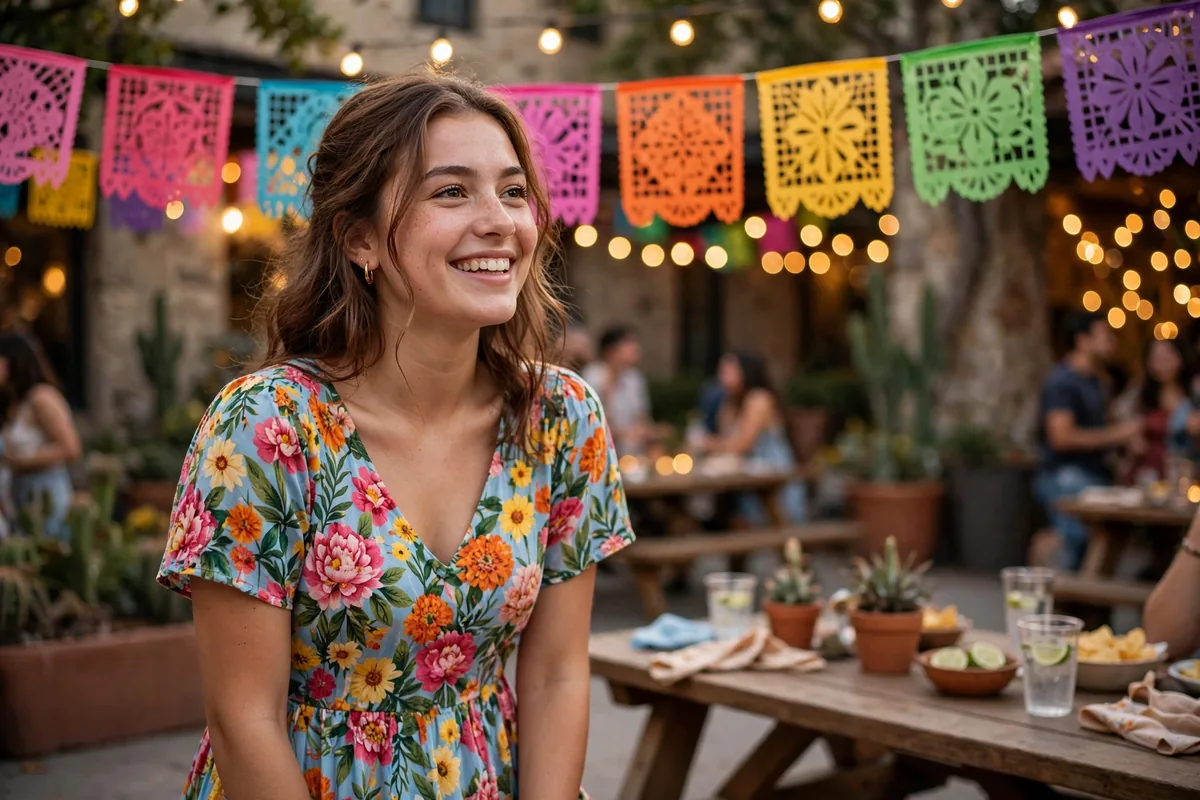 Young woman in a bright floral maxi dress with a flower hair clip at a mexican theme party