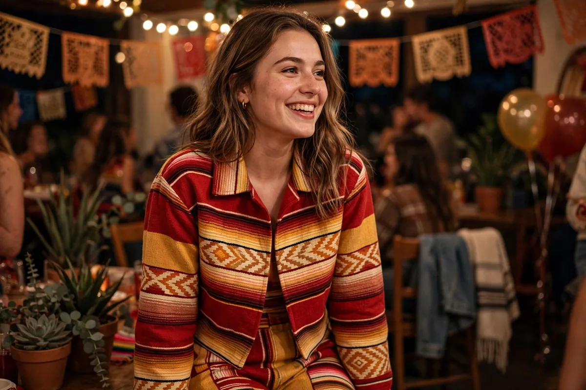 Young woman in a serape-striped co-ord set in fiesta colours at a party