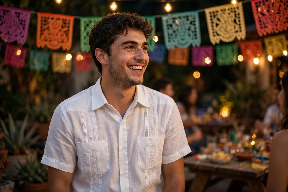 Young man in a white guayabera shirt and khaki chinos at a fiesta party
