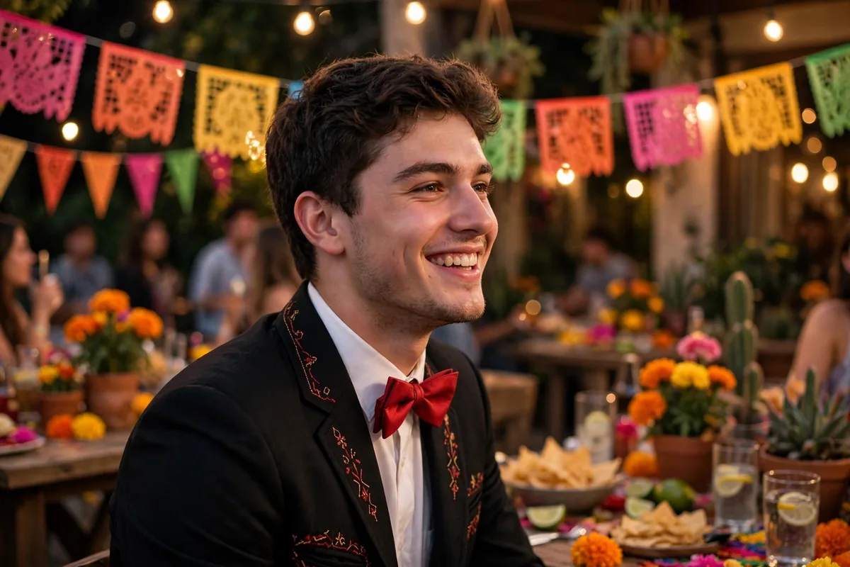Young man in a black button-down with a red pocket square, mariachi-inspired fiesta outfit