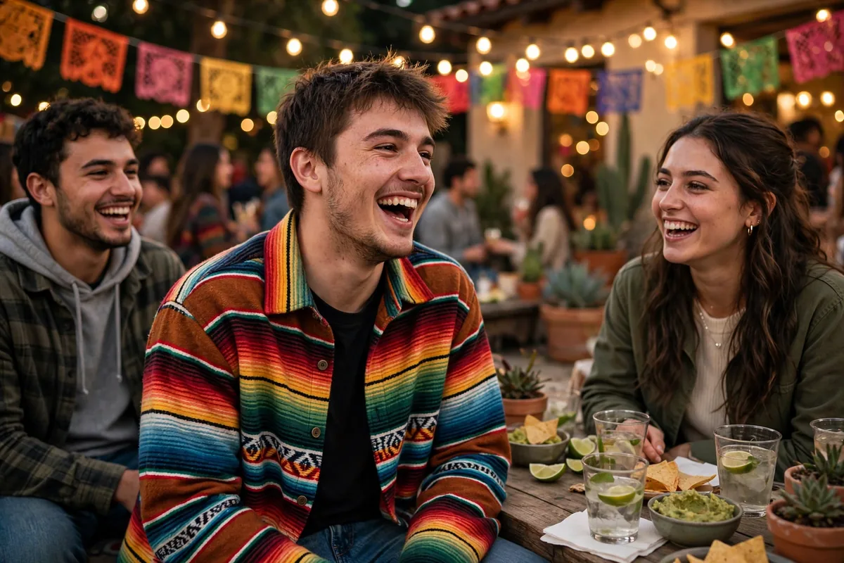 Young man in a white tee with a serape-stripe overshirt at a mexican theme party