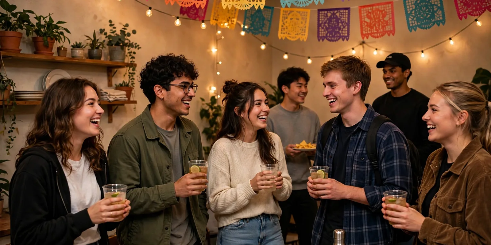 Backyard fiesta party scene with papel picado banners, string lights, a taco bar, and guests in colourful outfits