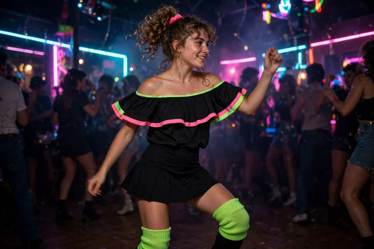 Girl wearing an 80s neon off-shoulder dress with retro sunglasses