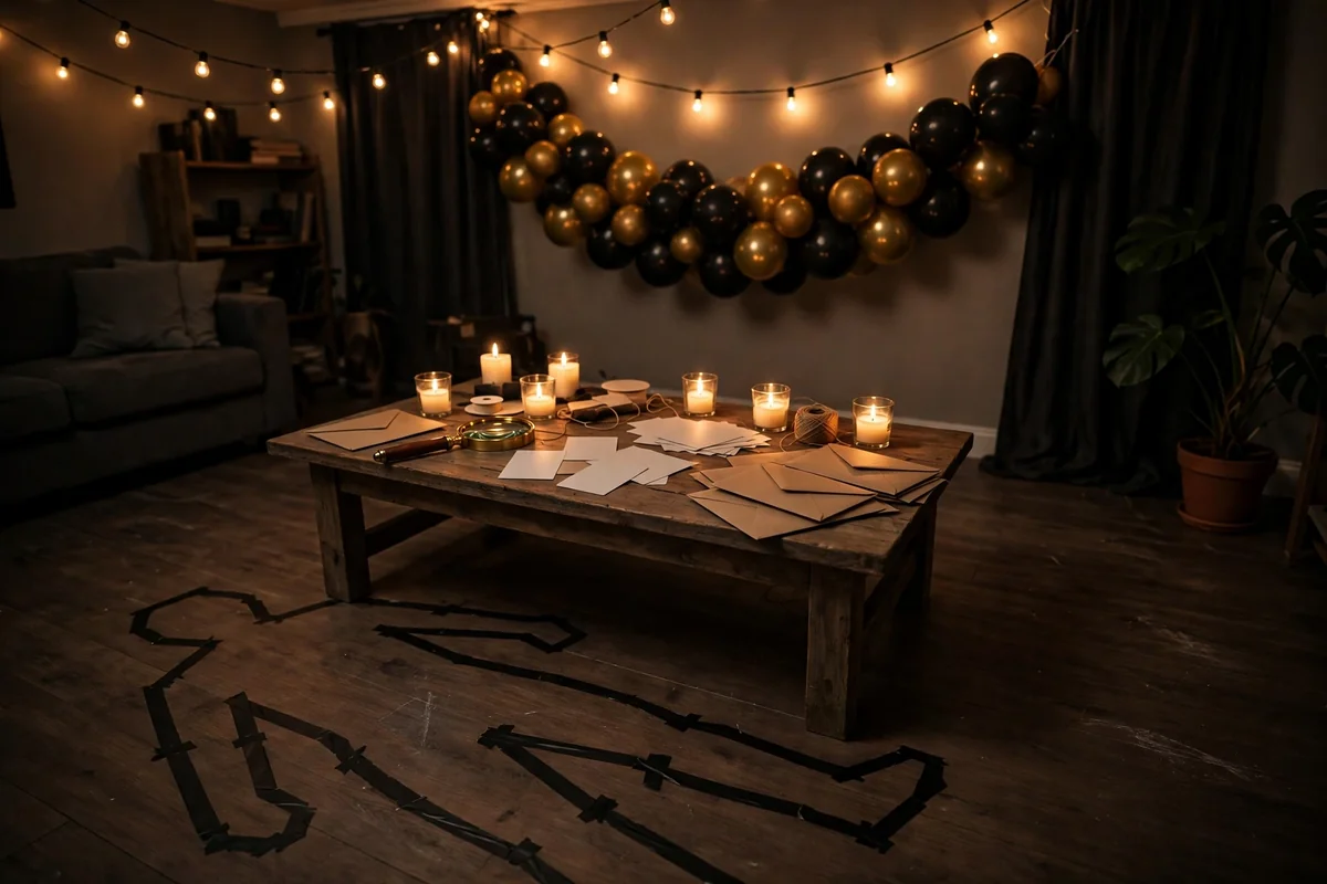 Moody detective-themed party table with clue cards, sealed envelopes, a magnifying glass, and battery candles