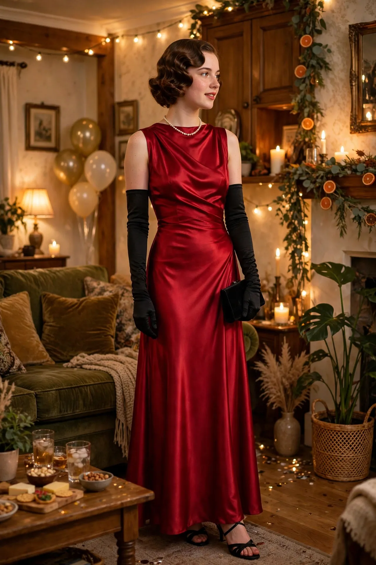 Woman in a red satin evening gown with long black gloves and a pearl necklace