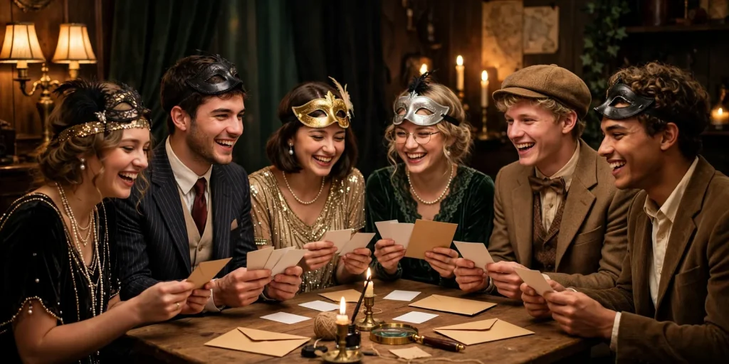 Friends in 1920s and masquerade costumes examining clue cards at a murder mystery party game night