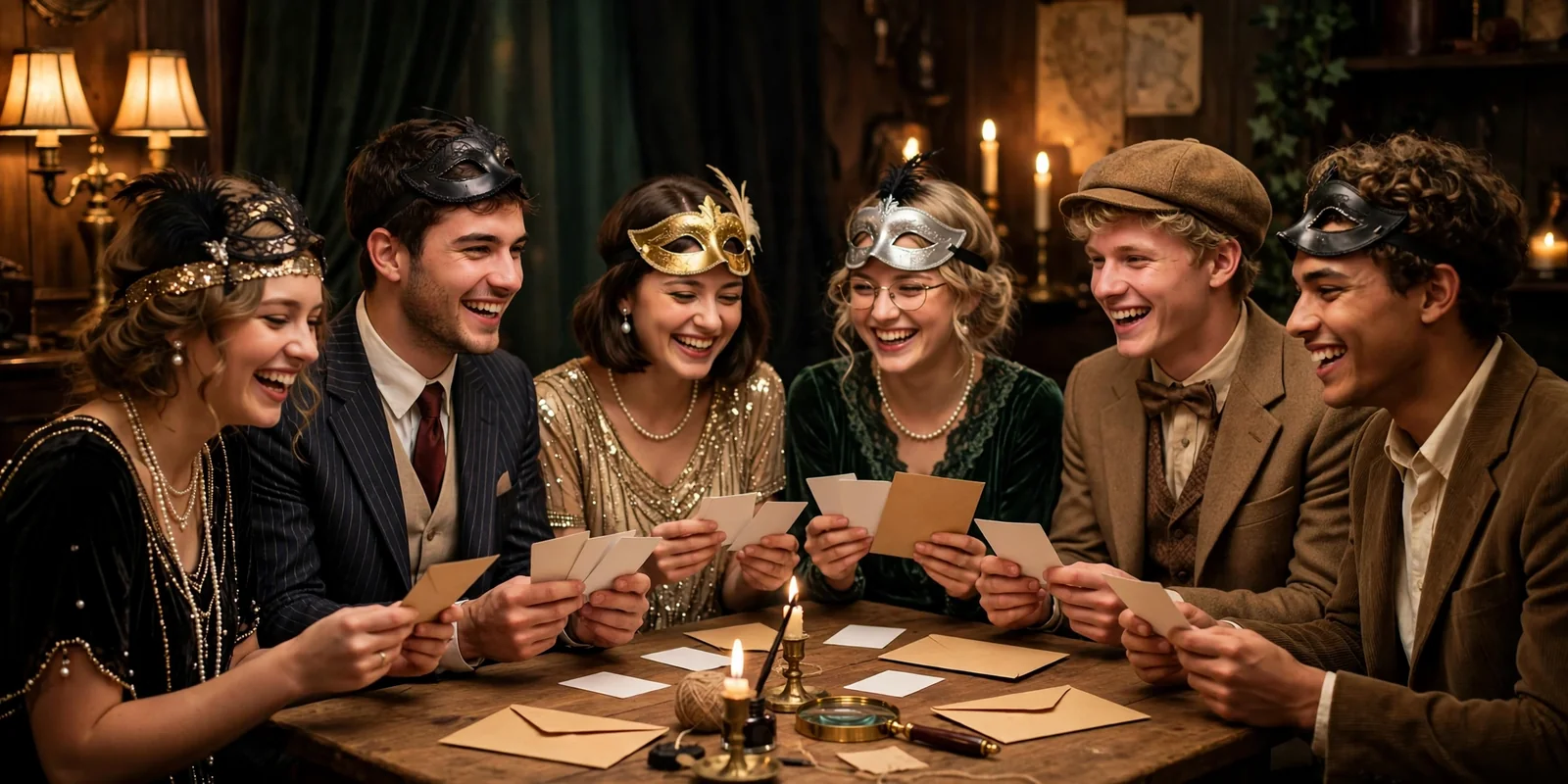 Friends in 1920s and masquerade costumes examining clue cards at a murder mystery party game night